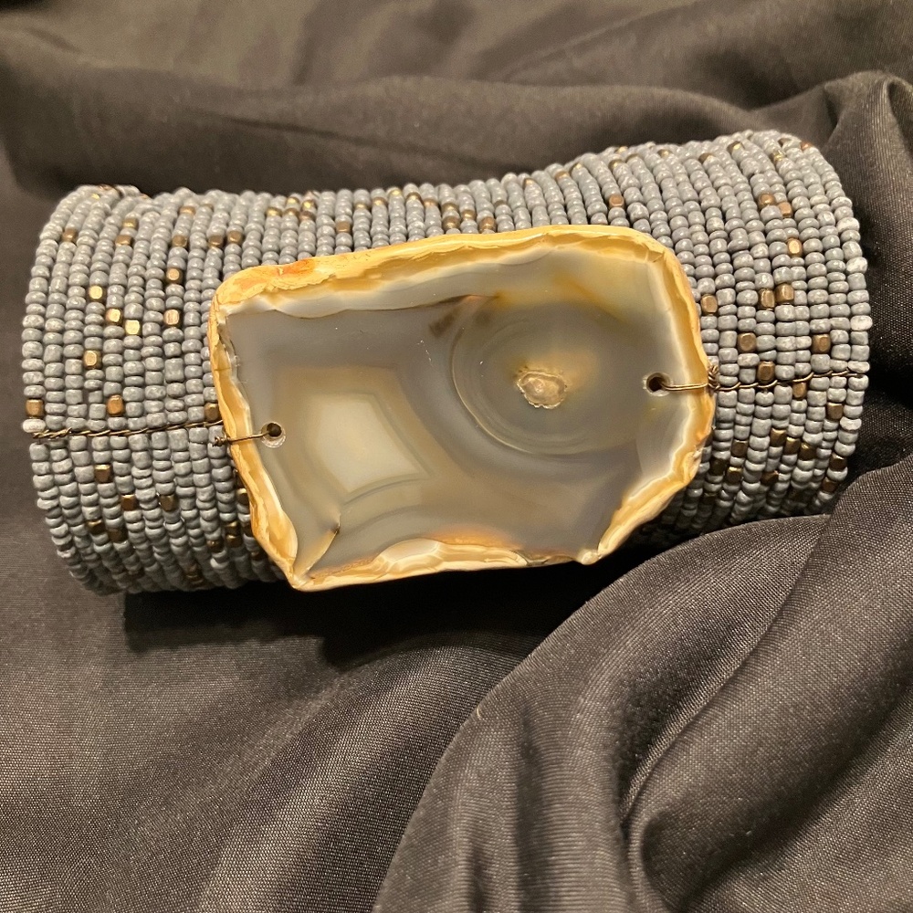 Vintage bracelet grey beaded cuff with oversized agate stone accent Bold Bohemia